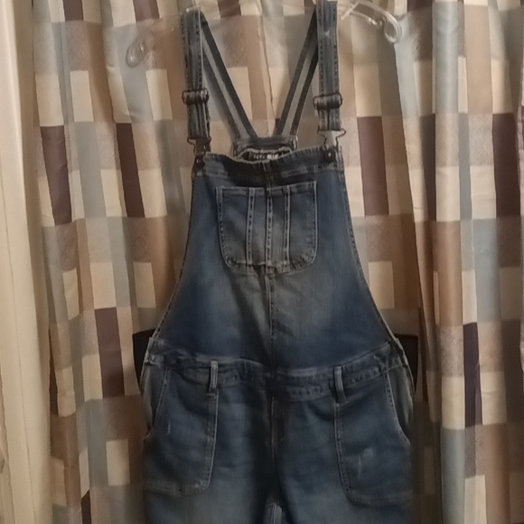 FINAL PRICE INDIGO BLUE cotton blue denim distressed overalls w elastic sides - Picture 4 of 16